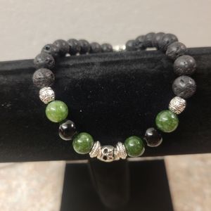 Men's Silver Skeleton and Lava, Onyx, and Jade Bead Bracelet